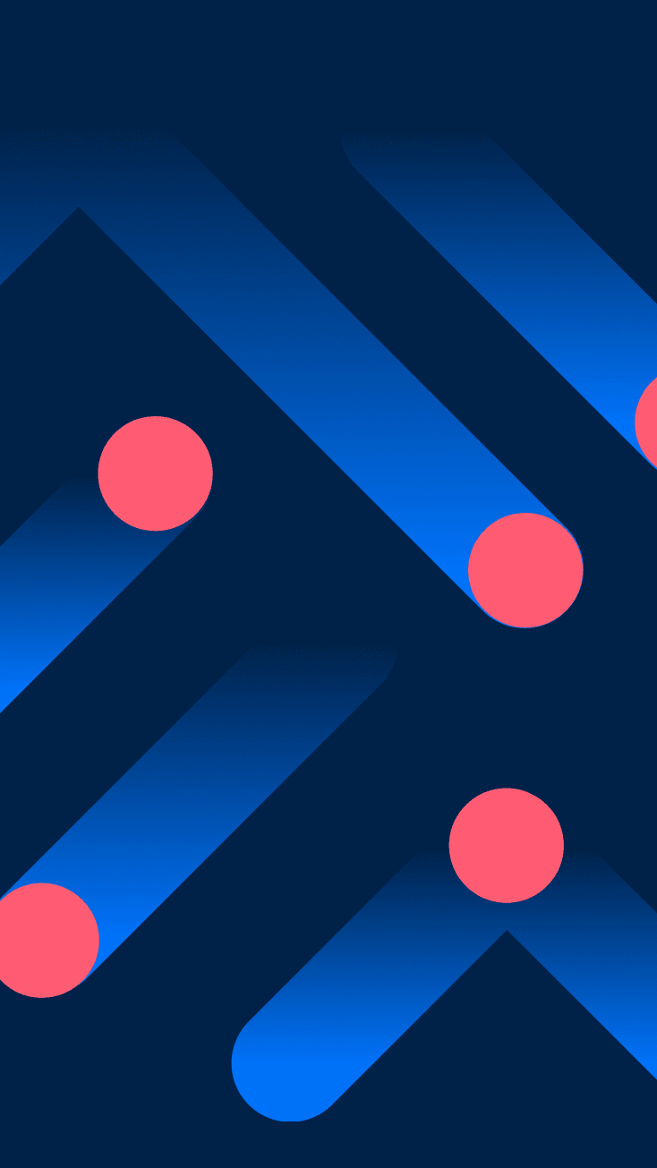 Abstract pattern consisting of blue diagonal bars and pink circles