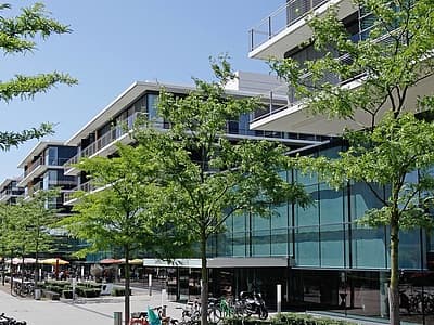 Moderno complesso edilizio con facciata in vetro, alberi e biciclette su una strada trafficata