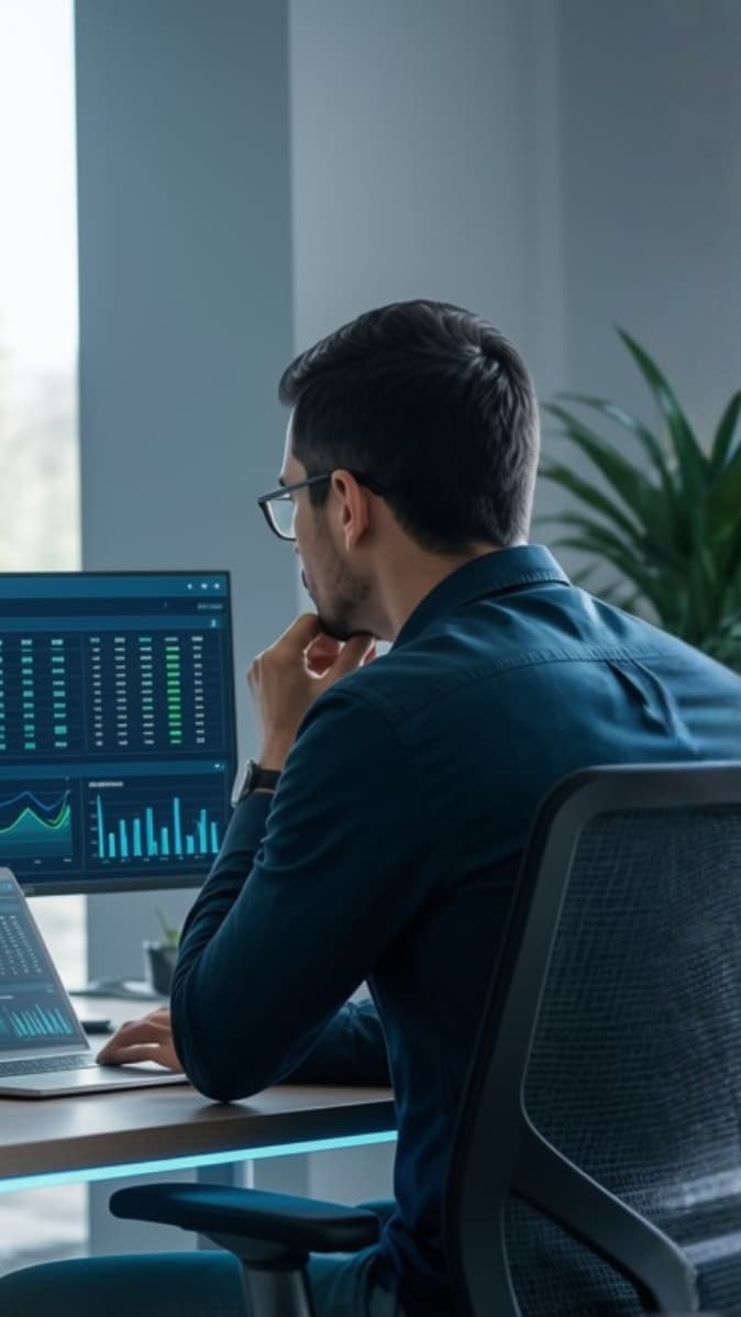 IT-Management: Mann überwacht Server und Daten auf mehreren Bildschirmen