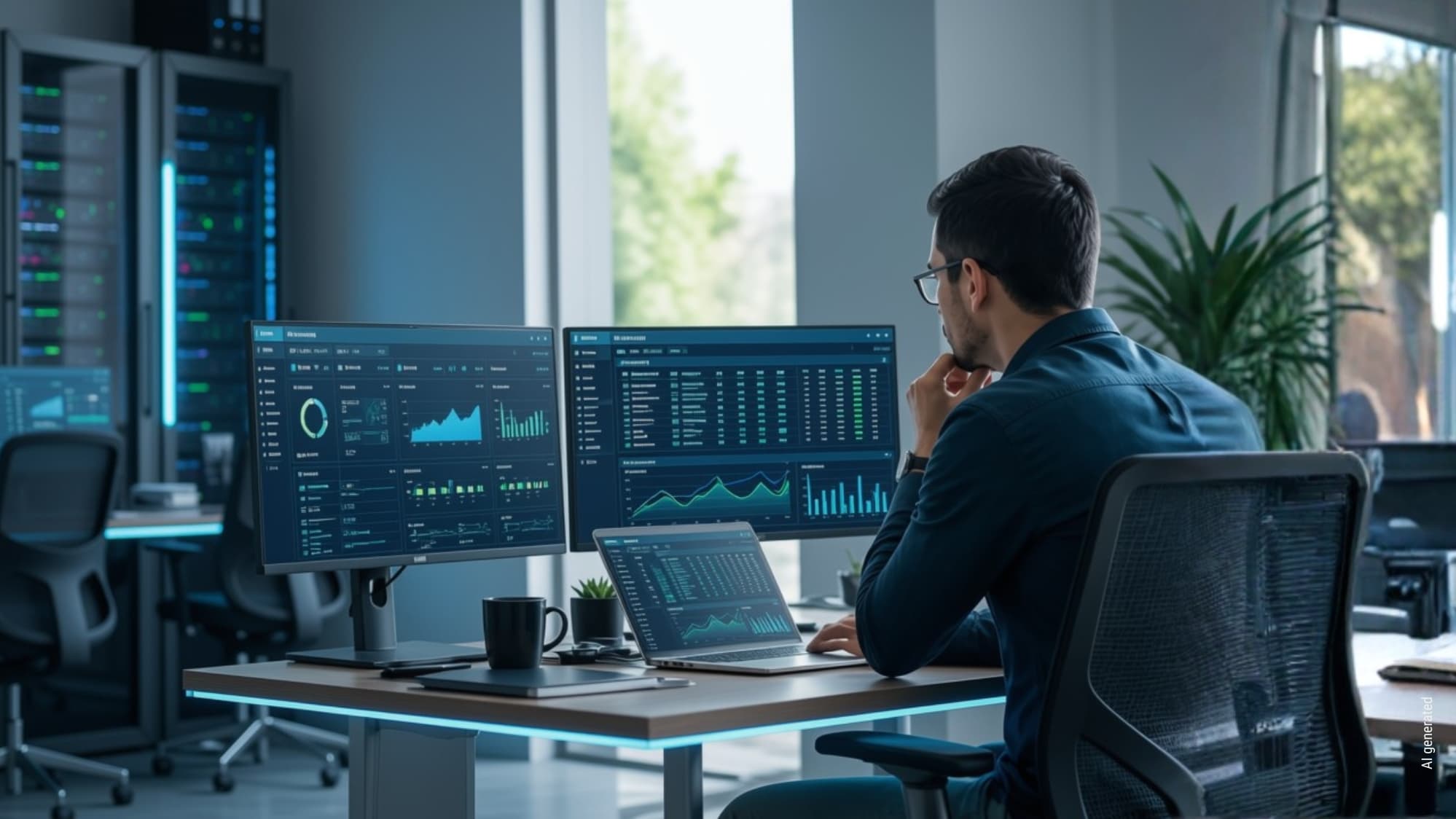 IT-Management: Mann überwacht Server und Daten auf mehreren Bildschirmen