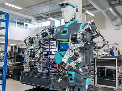 Humanoider Industrieroboter mit Greifarmen in einer Fertigungsumgebung – Referenz Exor, Erfolgsgeschichte Exor