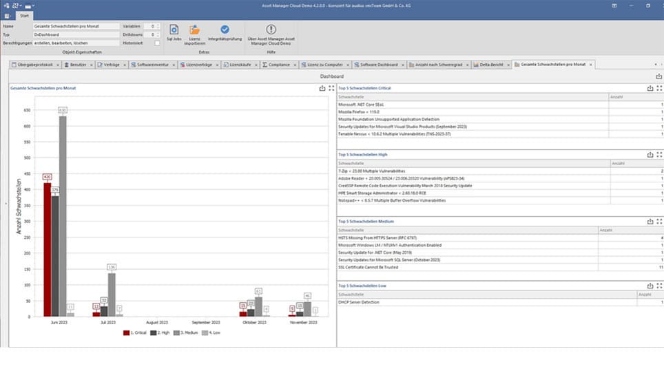 Dashboard mit Schwachstellenreport: Balkendiagramm und Listen nach Schweregrad.