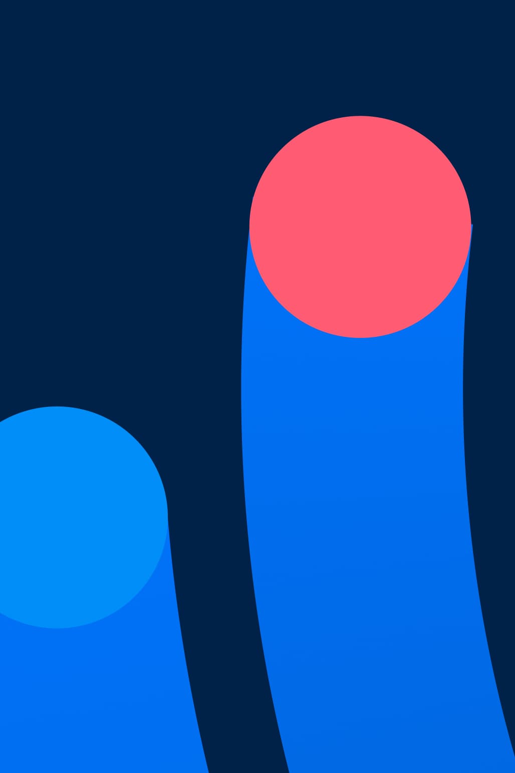 Abstrakte Grafik mit geschwungenen blauen Bändern und drei farbigen Kreisen