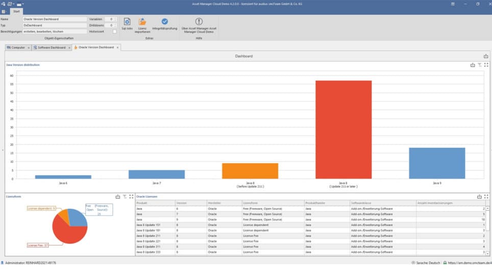 Dashboard zur Verteilung von Oracle-Versionen mit Balkendiagramm, Lizenzübersicht und Detailtabelle