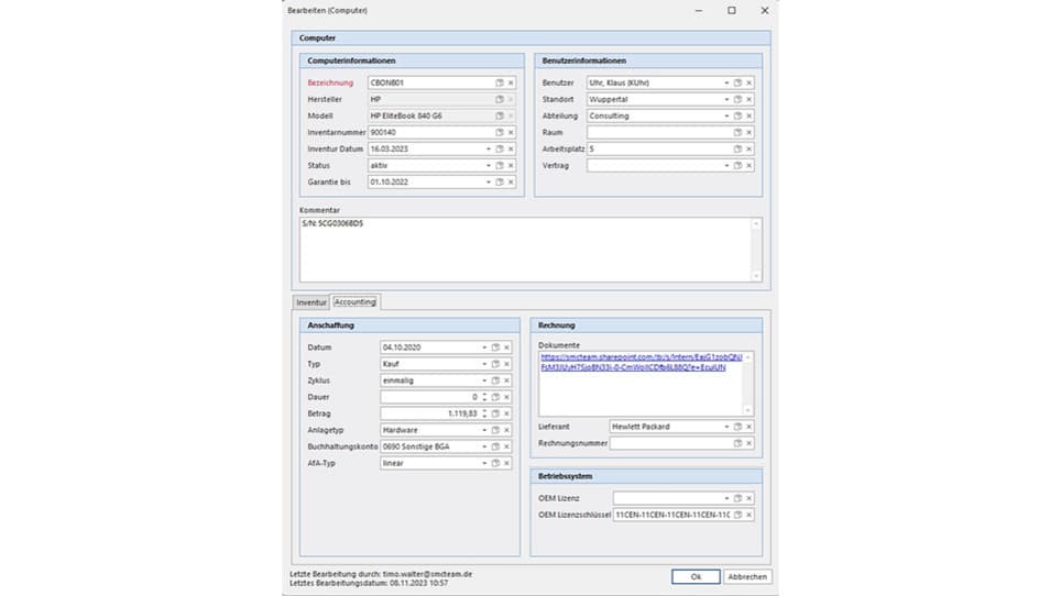 Softwareansicht mit Computerinformationen, Benutzer- und Inventardaten für das Endpoint-Management