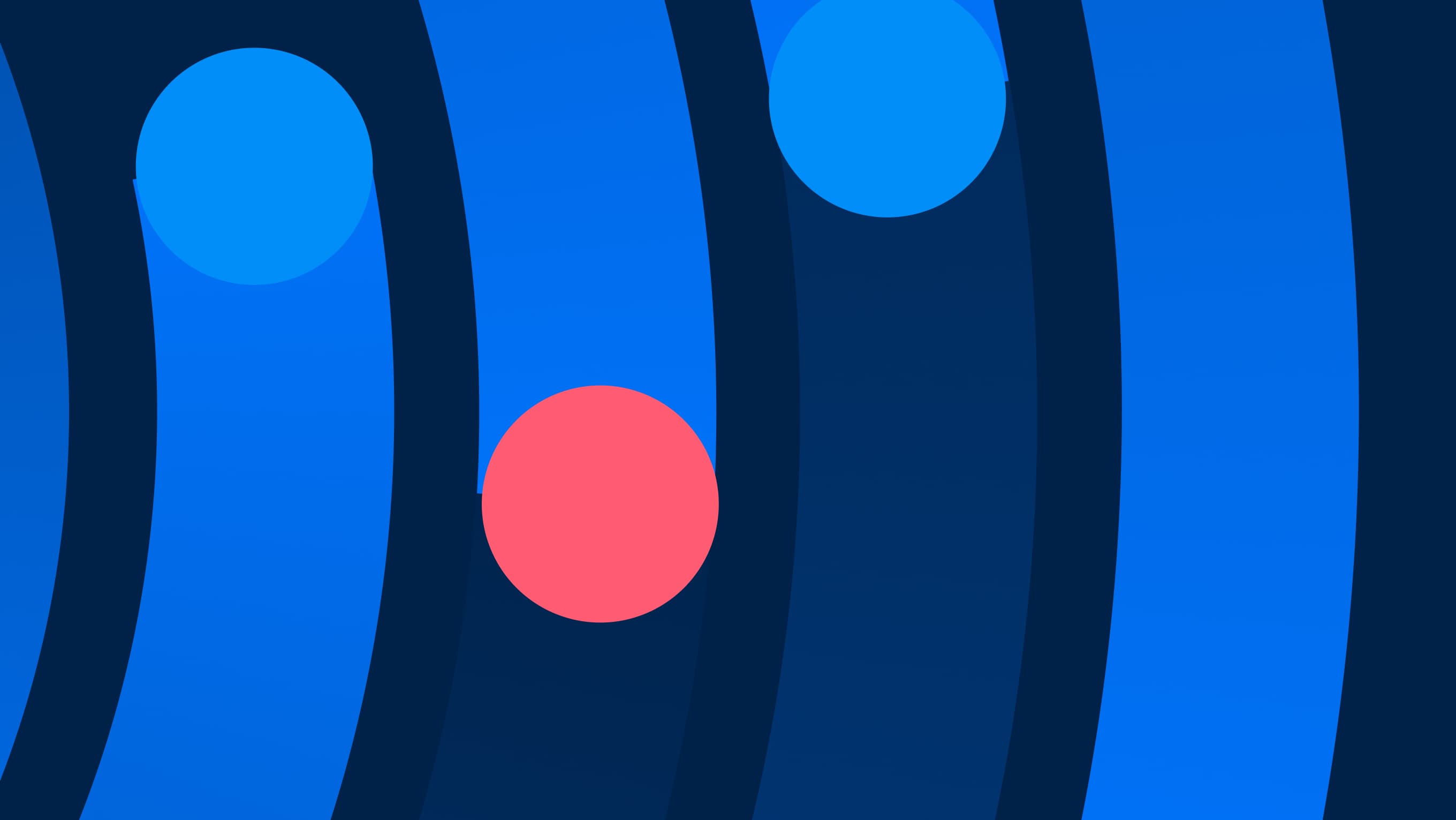 Abstrakte Grafik mit geschwungenen blauen Bändern sowie zwei blauen und einem pinken Kreis
