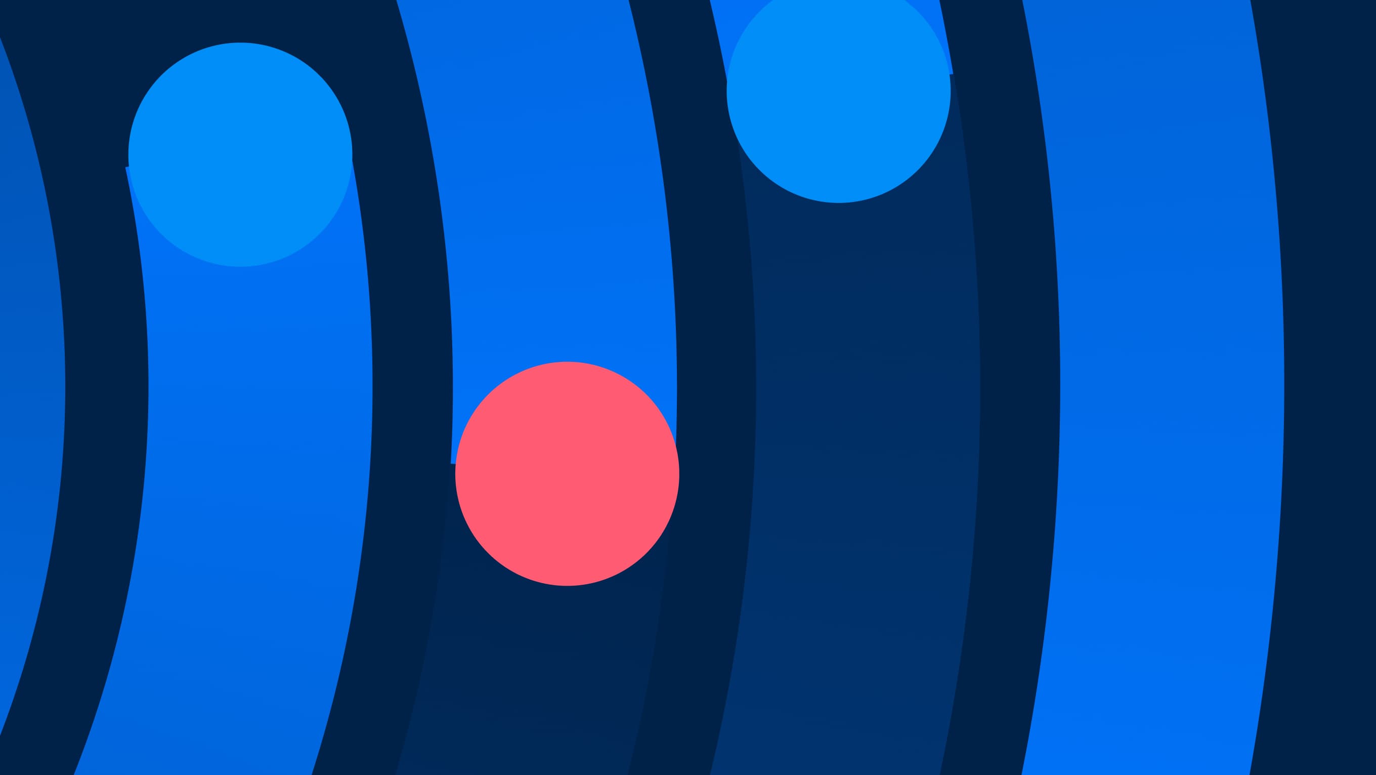 Abstrakte Grafik mit geschwungenen blauen Bändern sowie zwei blauen und einem pinken Kreis