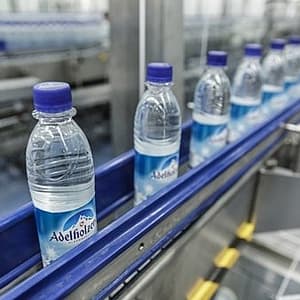 Butelki wody mineralnej Adelholzener na przenośniku taśmowym – przykład z zakresu zarządzania IT w firmie Adelholzener