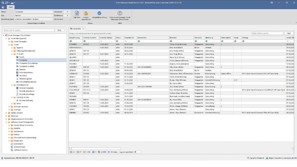 Screenshot einer Asset-Management-Konsole mit Geräteliste und Verwaltungsdetails