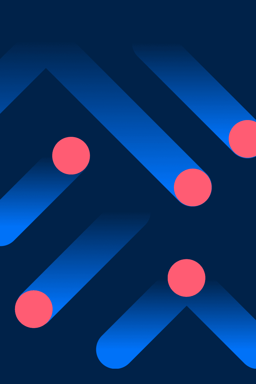 Abstract pattern consisting of blue diagonal bars and pink circles on a dark blue background