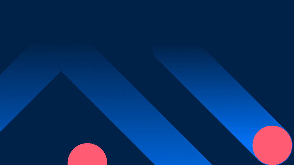 Abstract graphic featuring blue diagonal bars and pink circles on a dark blue background