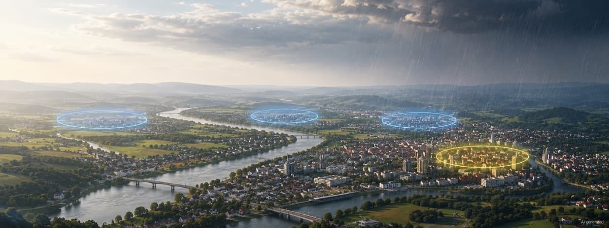Aerial view of a riverside town with marked areas and an approaching storm