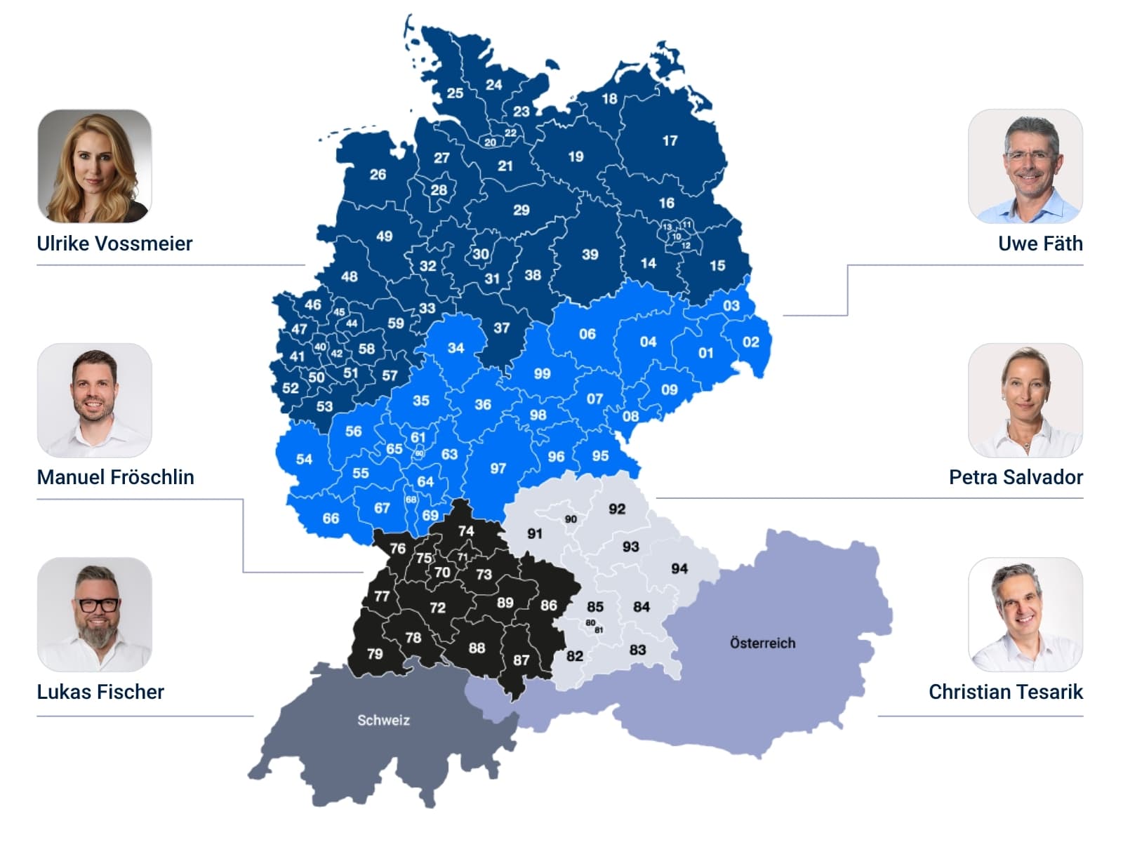 Karte der DACH-Region mit regionalen Ansprechpartnern für Vertriebsgebiete