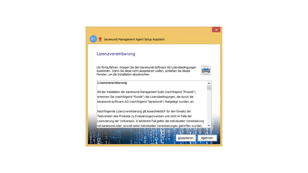 Installationsassistent der baramundi Management Suite mit Lizenzvereinbarung sowie Schaltflächen zum Akzeptieren oder Ablehnen