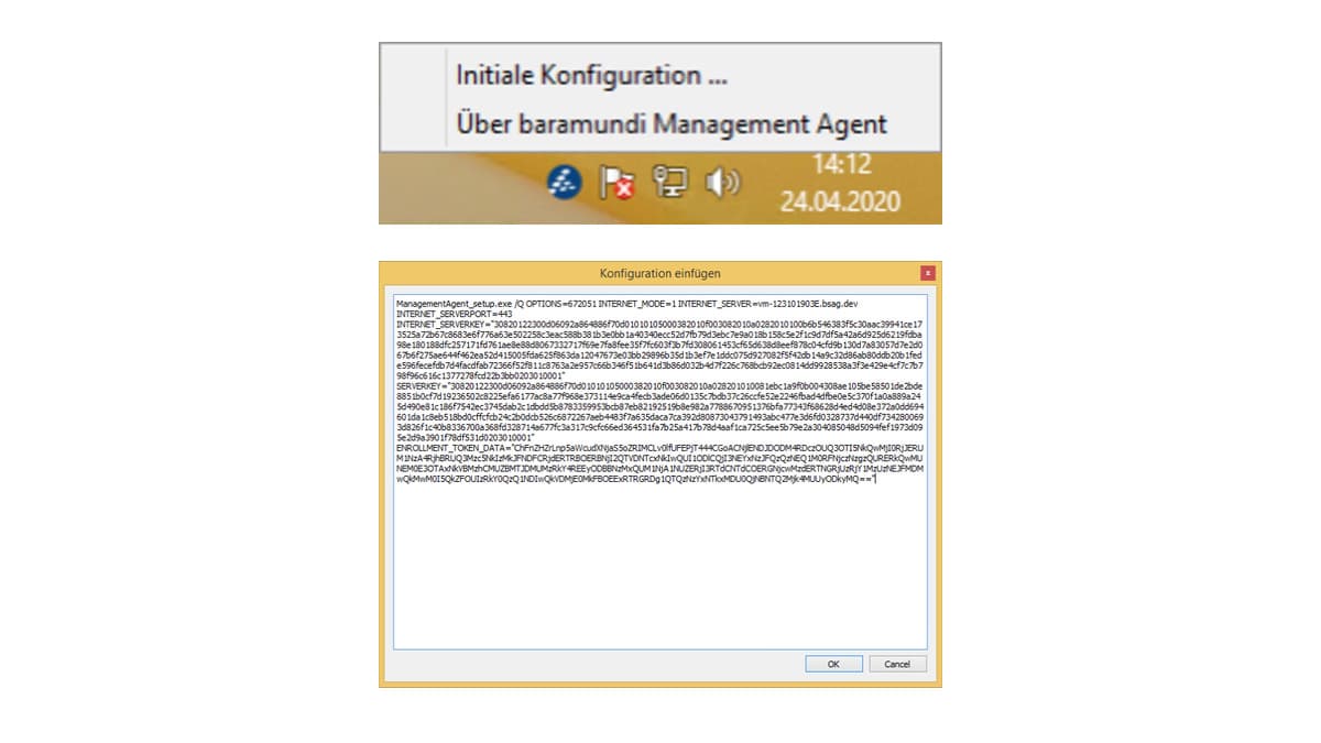 Screenshot der initialen Konfiguration des baramundi Management Agent mit dem Dialog „Konfiguration einfügen“.