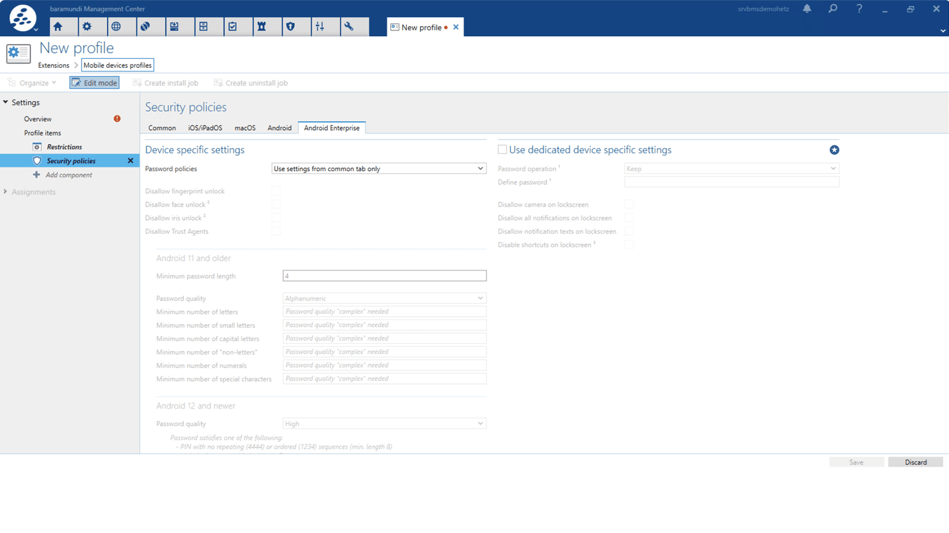 baramundi MDM-Software: Sicherheitseinstellungen für Android Enterprise im Management Center