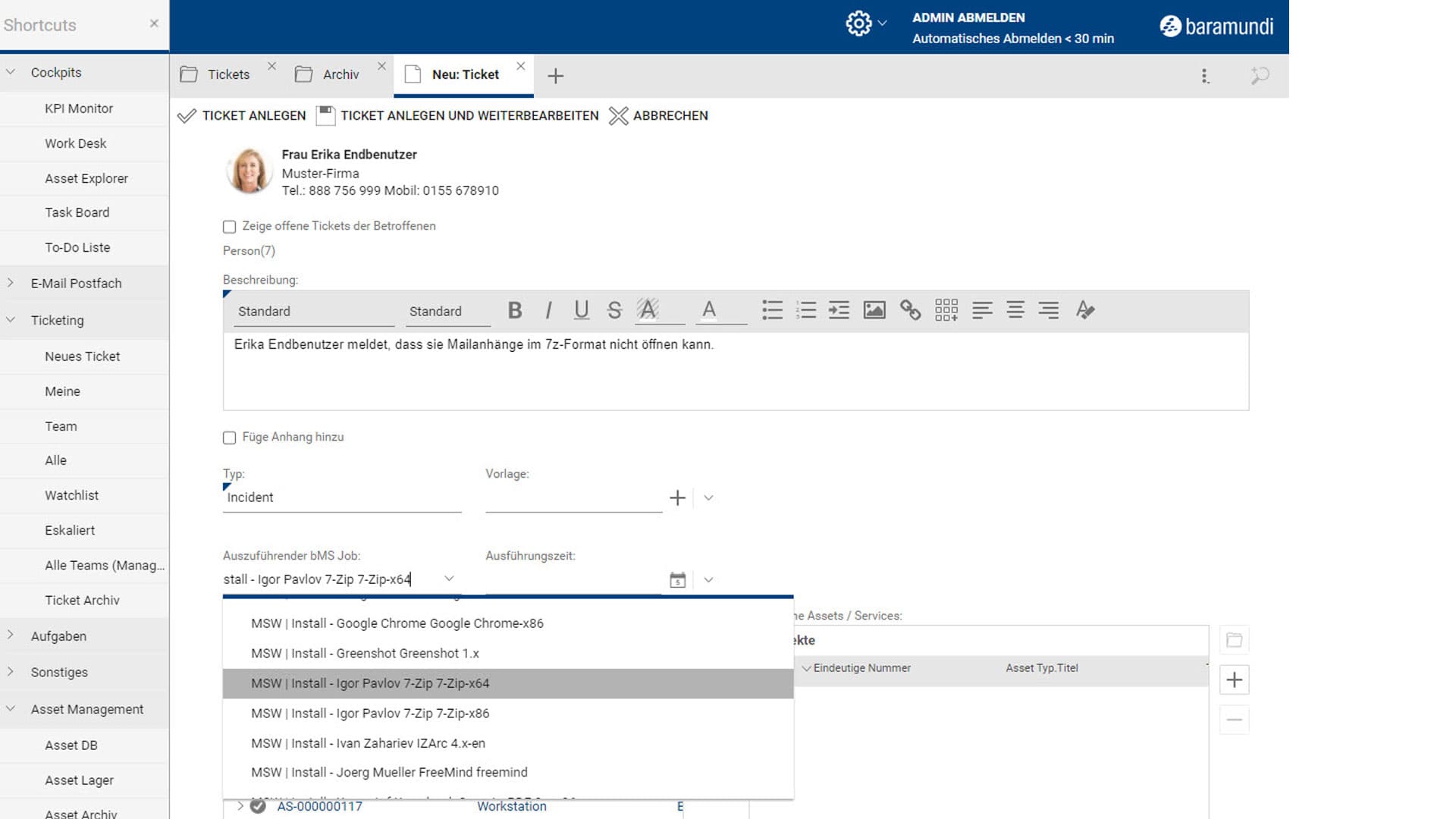 IT-Service-Management: Neues Ticket mit Softwareverteilung und Arbeitsauftrag im baramundi-System