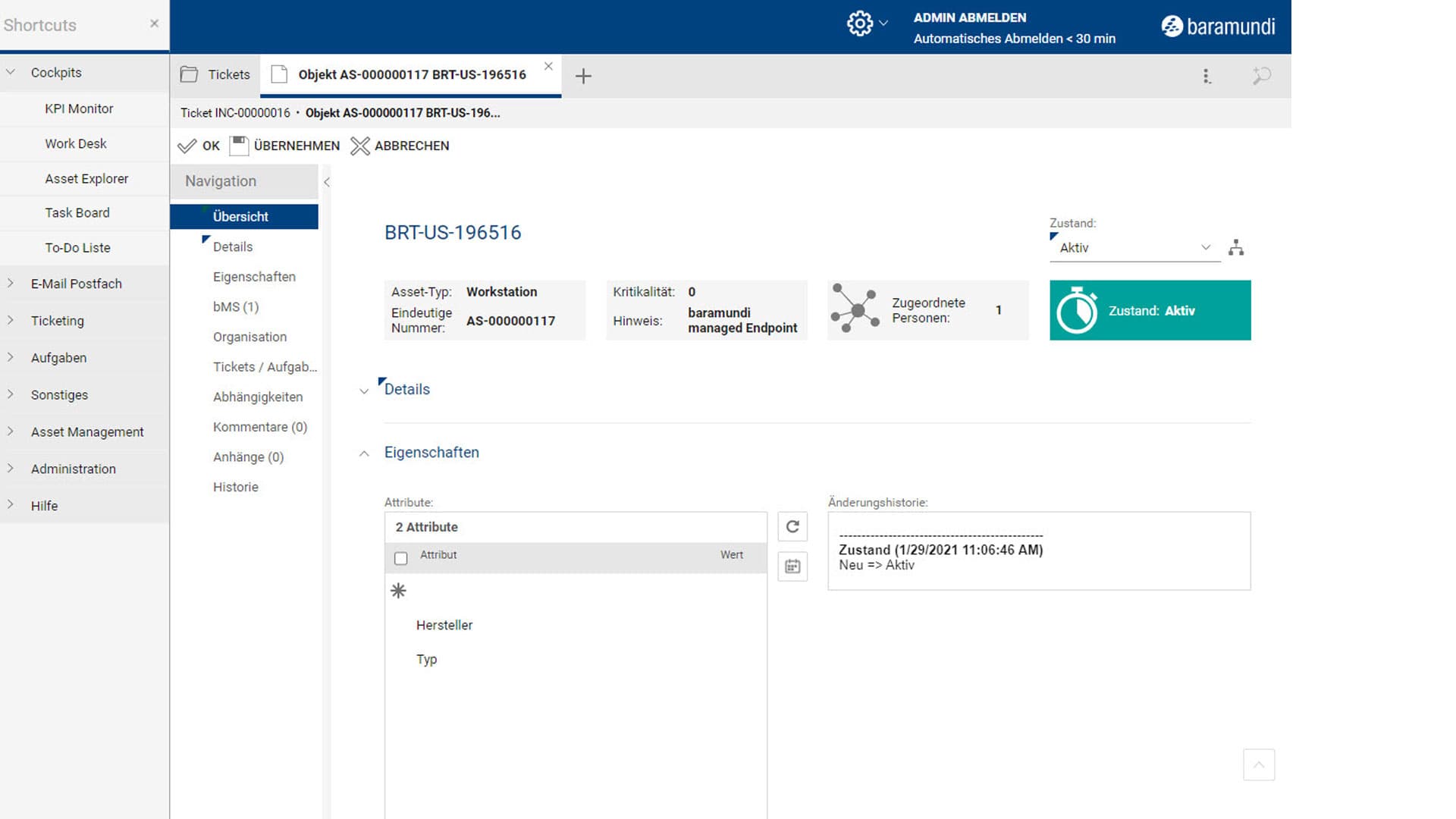 IT-Service-Management: baramundi-Ansicht eines aktiven IT-Assets mit Ticketdetails