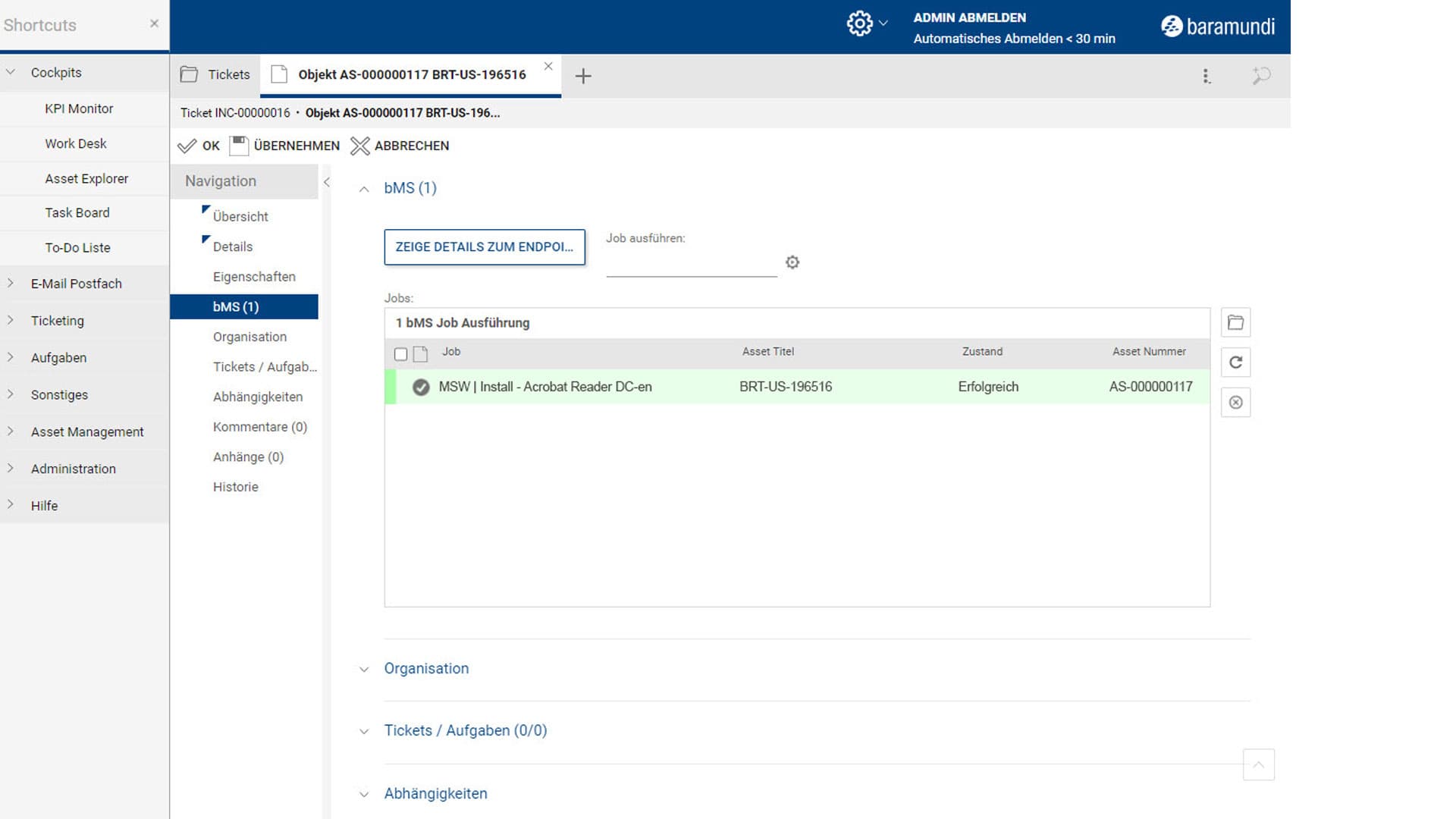 Screenshot des baramundi IT-Service-Managements mit erfolgreicher Softwareinstallation im Ticketsystem