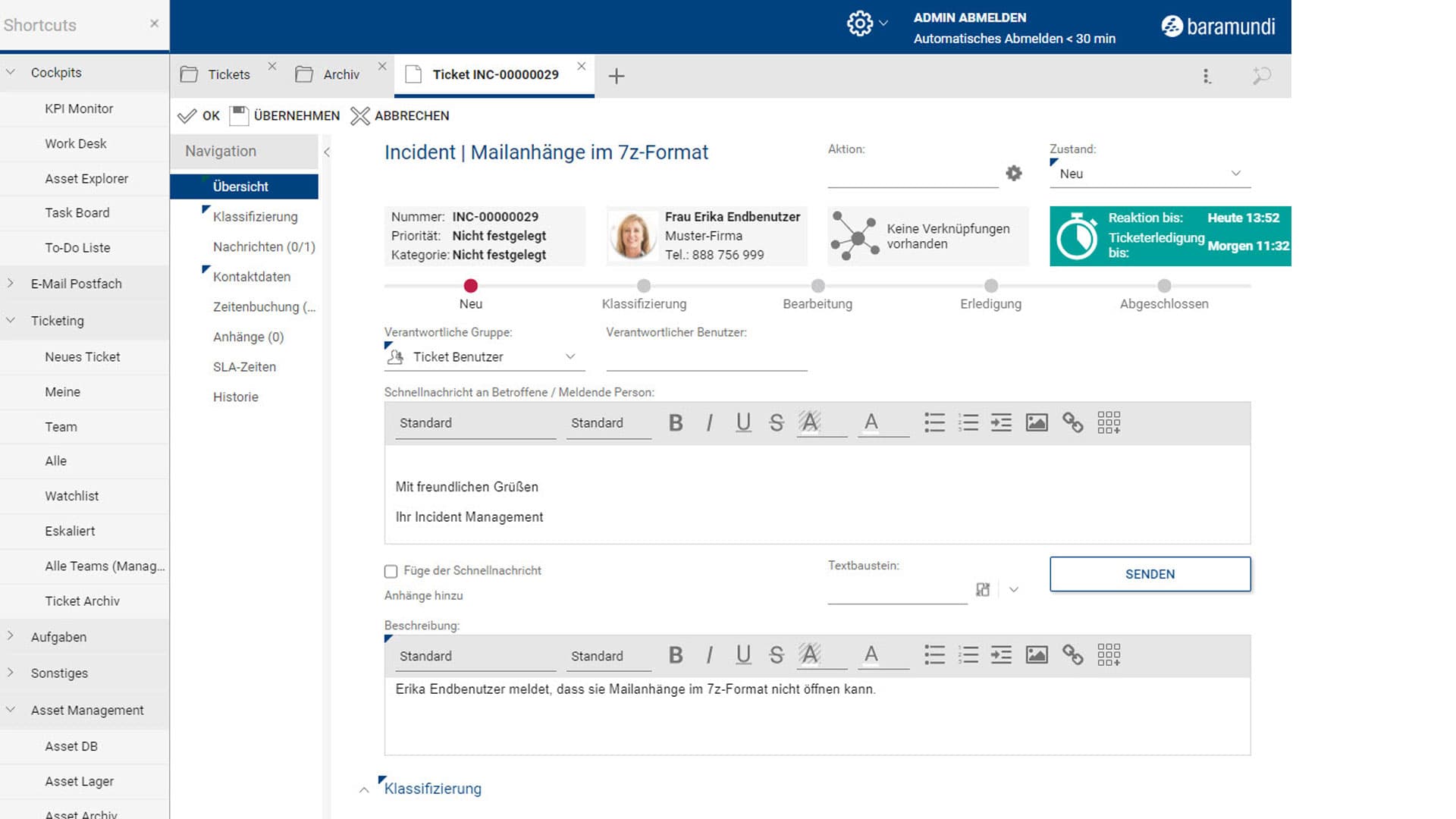 IT-Service-Management: Ticketansicht zu einem Incident mit 7z-Mailanhängen