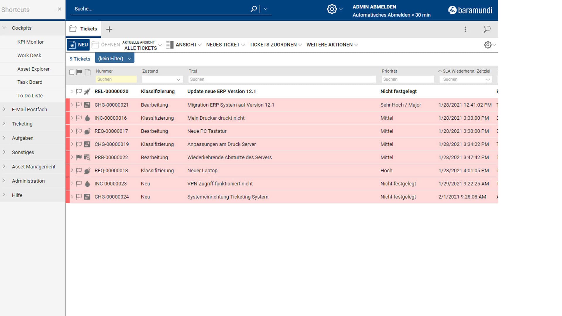 Ticketübersicht im baramundi IT-Service-Management mit Anfragen und Statusangaben