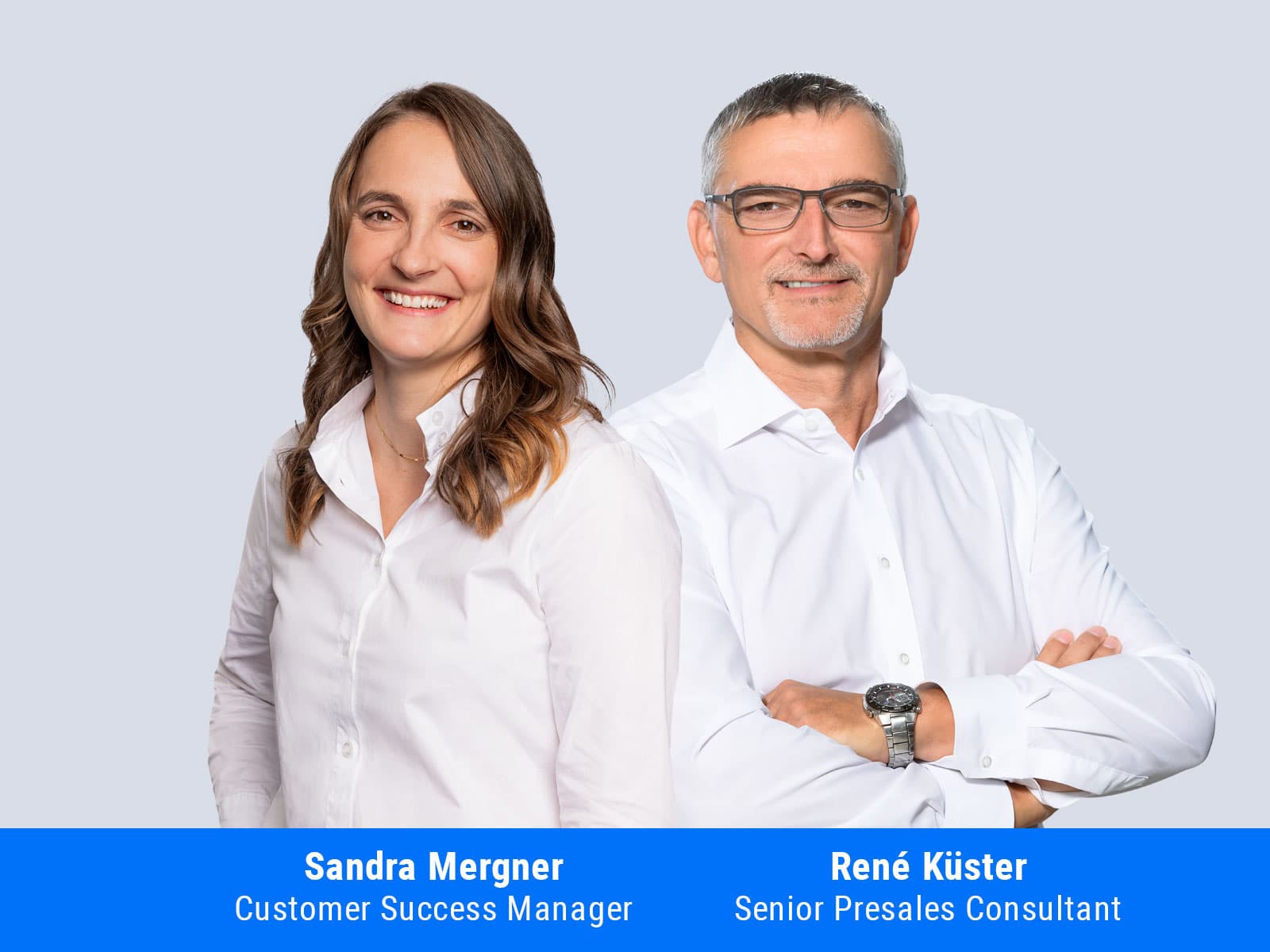 Webinar-Referenten Sandra Mergner, Customer Success Manager, und René Küster, Senior Presales Consultant