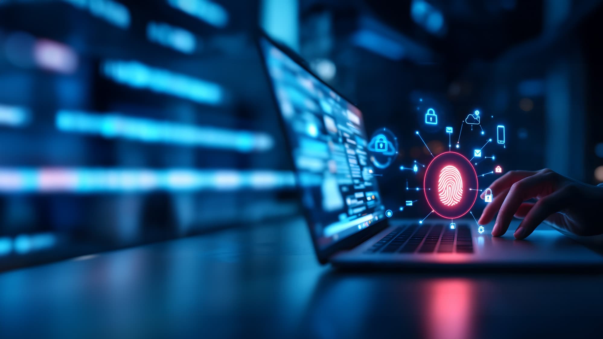 IT-Studie zu Cybersicherheit und digitaler Resilienz: Laptop mit Fingerabdruck- und Schloss-Symbolen