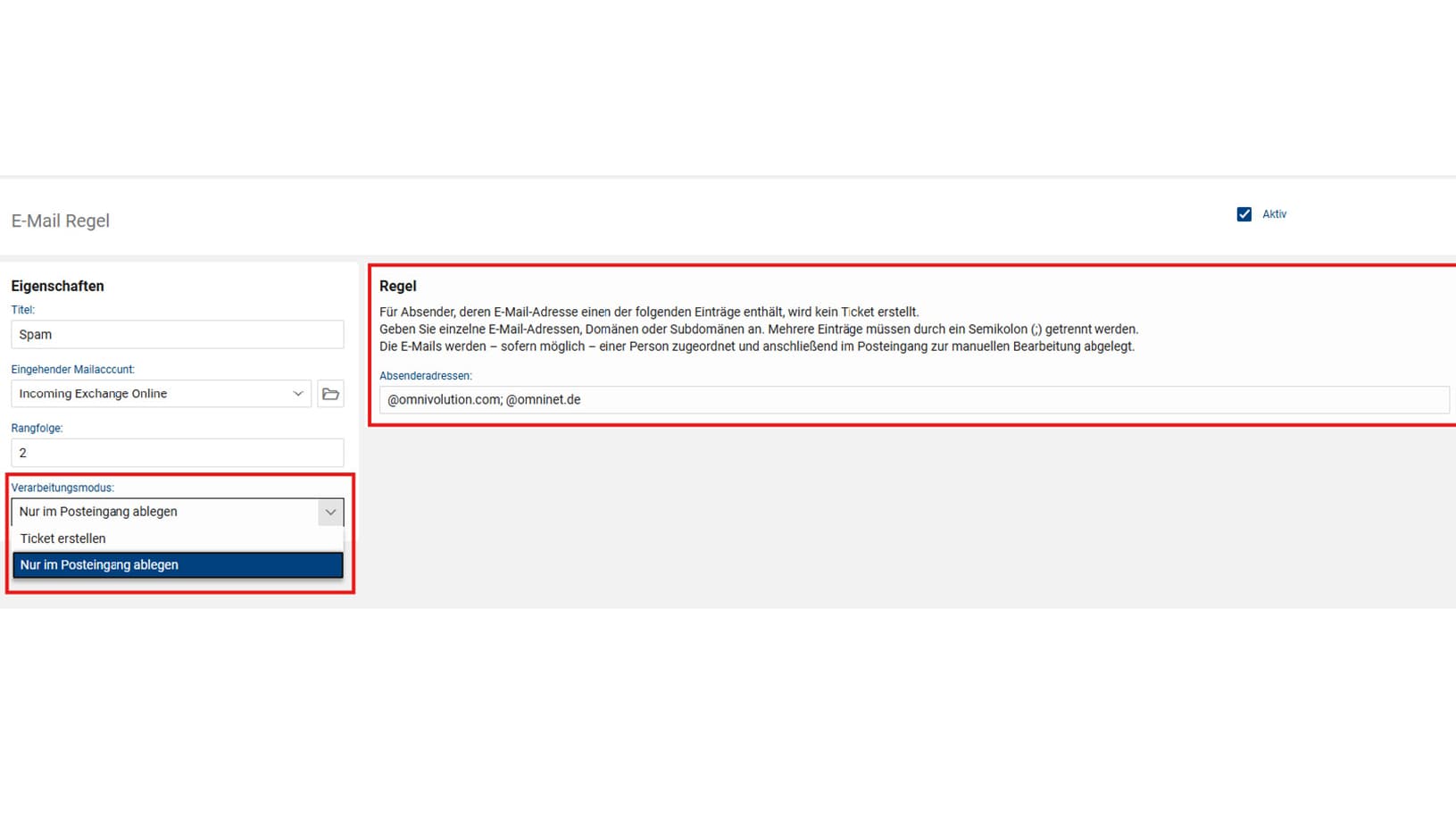 Screenshot of an email rule showing sender addresses and the "Place only in the Inbox" option.