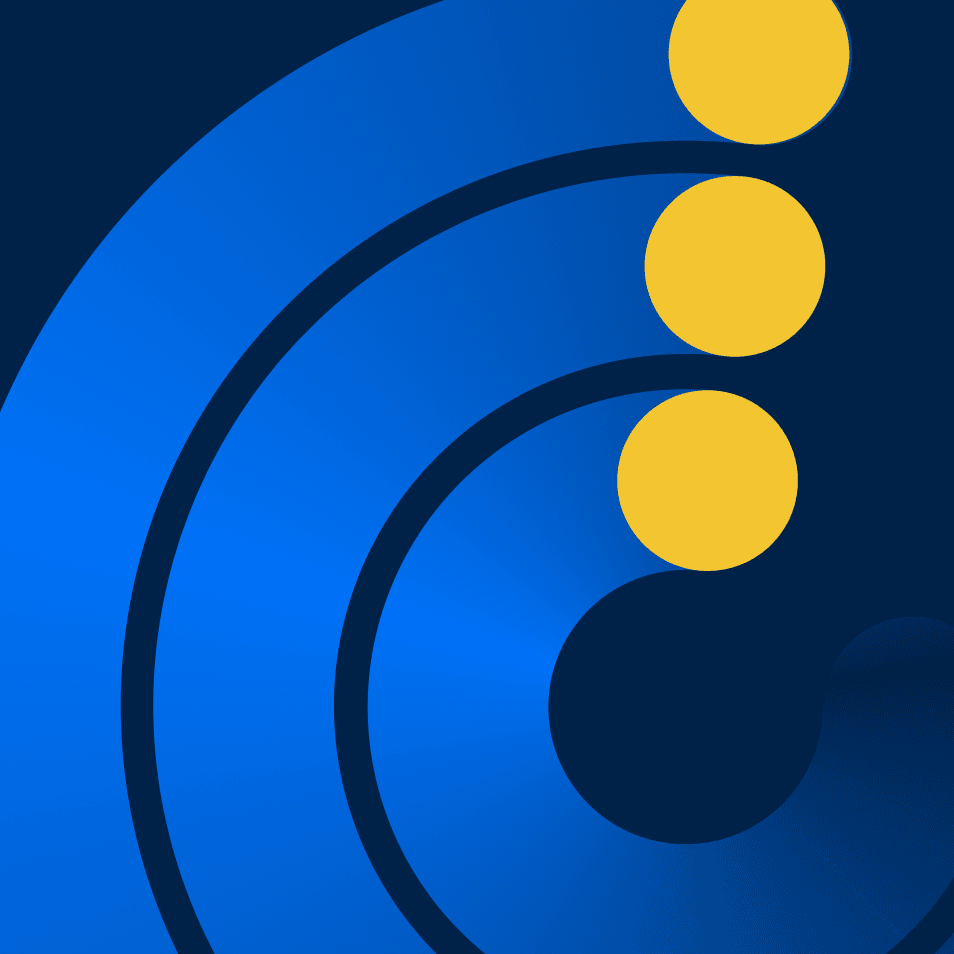 Abstrakte blaue Grafik mit geschwungenen Linien und drei gelben Kreisen.