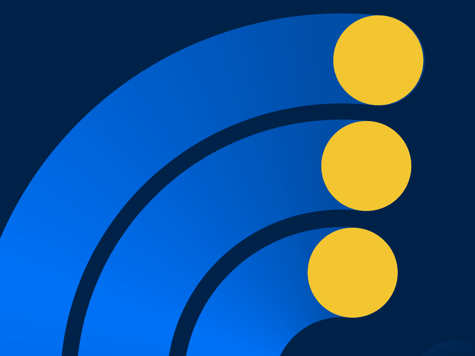 Abstrakte blaue Grafik mit geschwungenen Linien und drei gelben Kreisen.