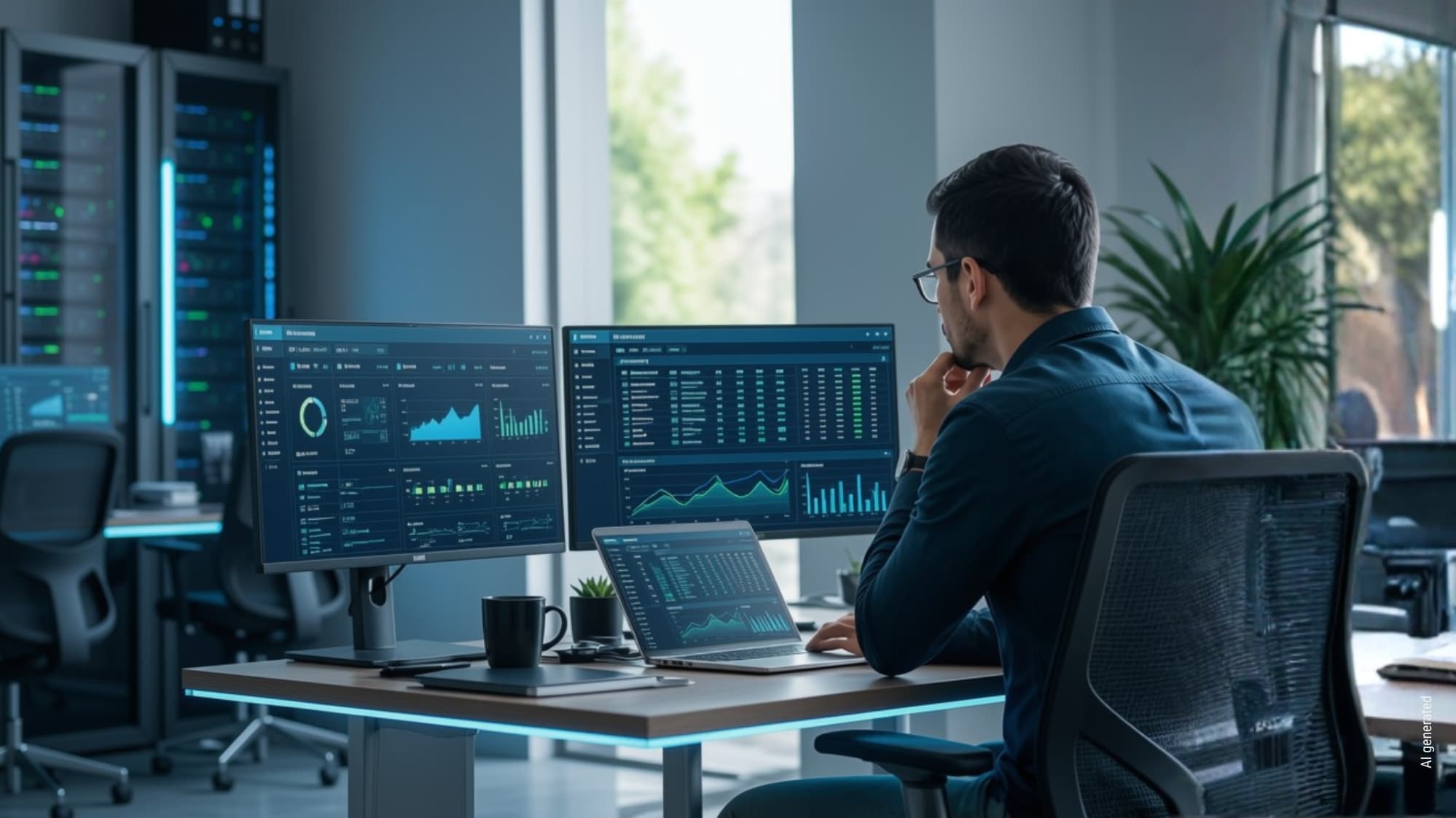 IT-Management: Mann überwacht an mehreren Bildschirmen digitale Systeme und Server.