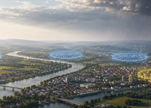 Aerial view of a riverside town with marked areas and an approaching storm
