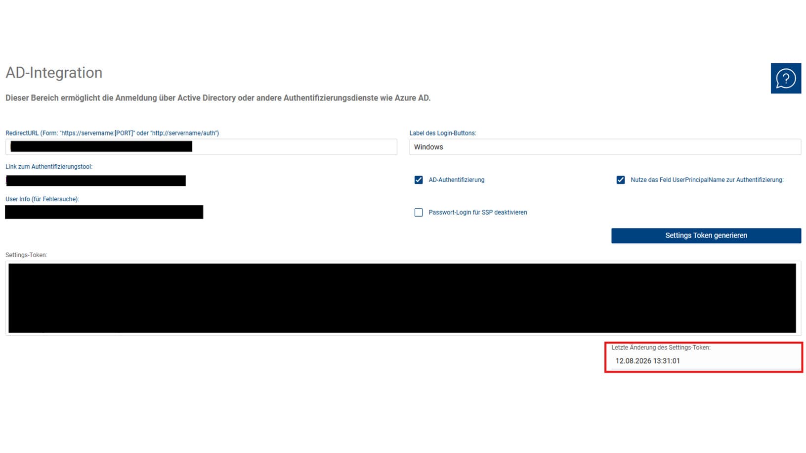 Screenshot of the Active Directory integration settings, showing authentication options and token settings