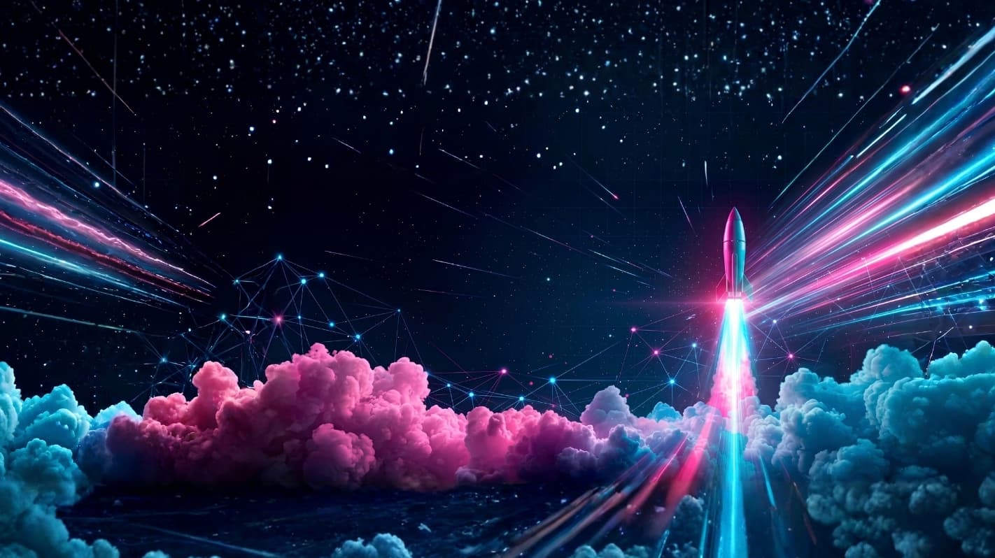Proactive Hub: Eine Rakete steigt durch farbenfrohe Wolken ins All auf.