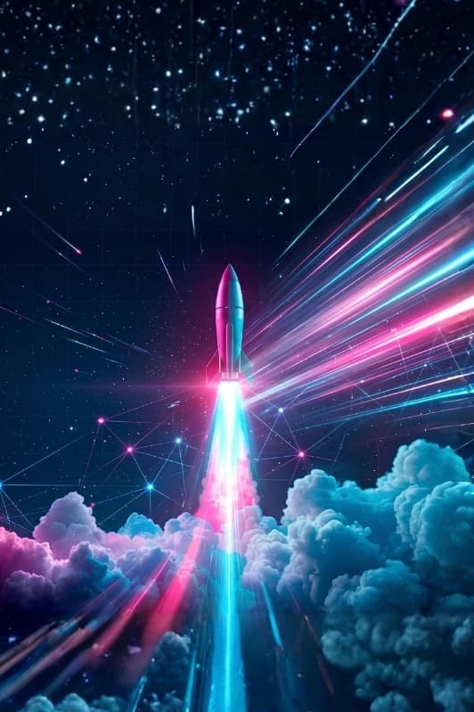 Proactive Hub: Eine Rakete steigt durch farbenfrohe Wolken ins All auf.