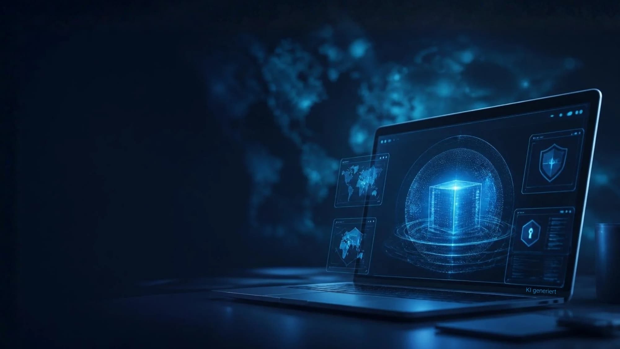 IT-Studie zur digitalen Souveränität: Laptop mit digitalem Server und Sicherheitssymbolen.