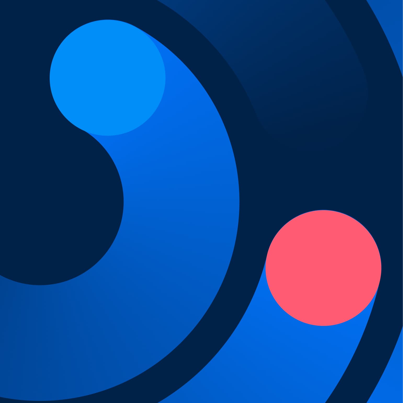Abstrakte blaue Grafik mit ineinandergreifenden Kreisen und roten sowie blauen Punkten