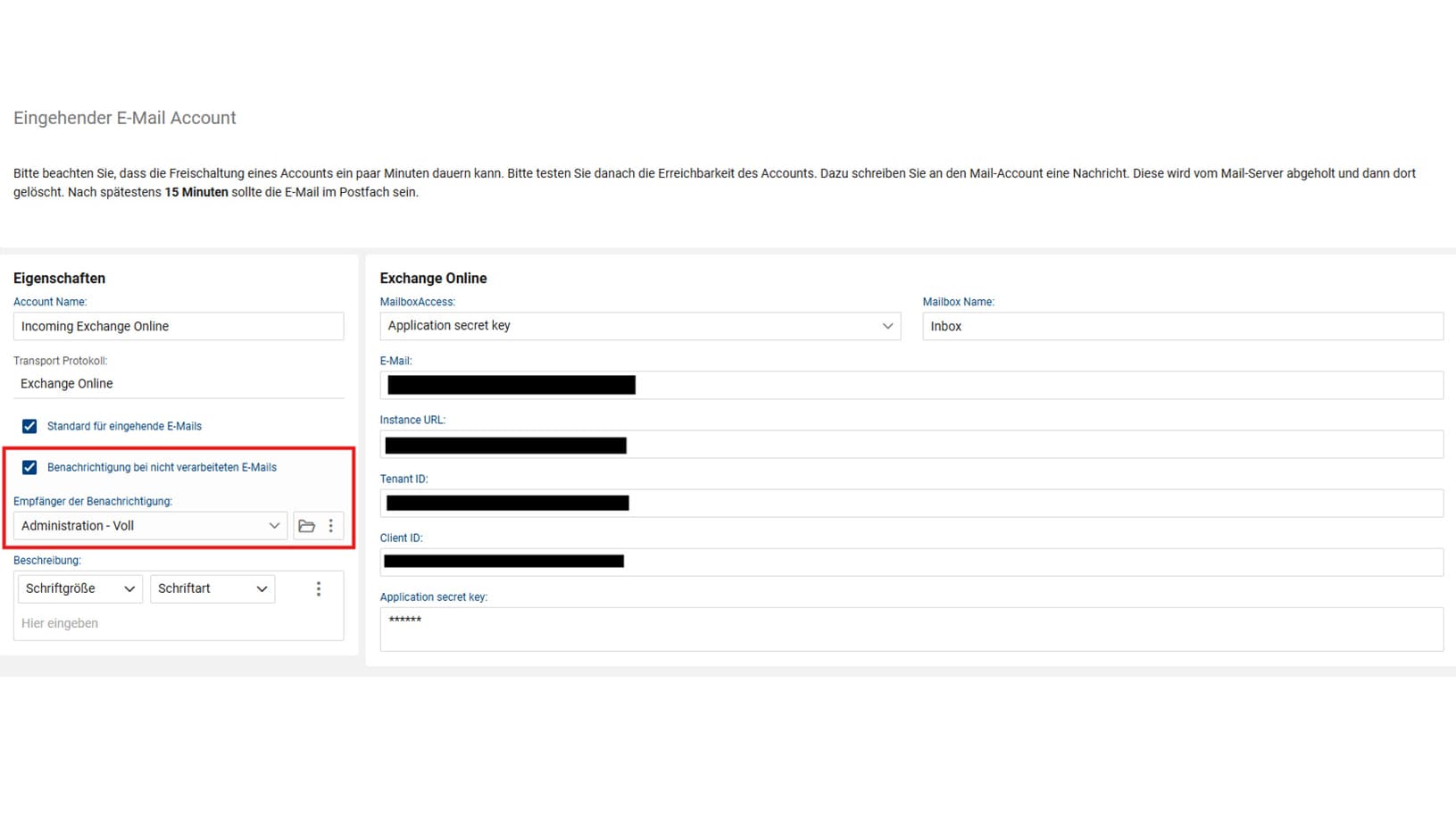 Screenshot der Einstellungen fĂĽr ein eingehendes Exchange-Online-E-Mail-Konto mit aktivierter Benachrichtigung bei nicht verarbeiteten E-Mails