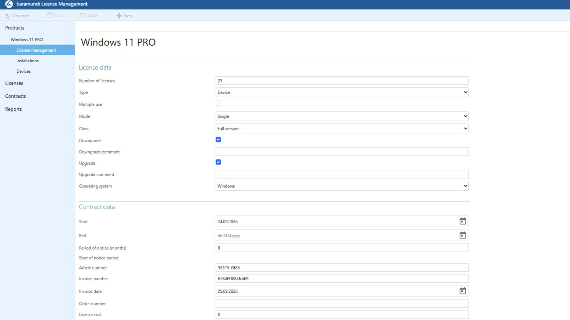 Ansicht der Lizenzverwaltung mit Lizenzdaten für Windows 11 Pro im baramundi License Management