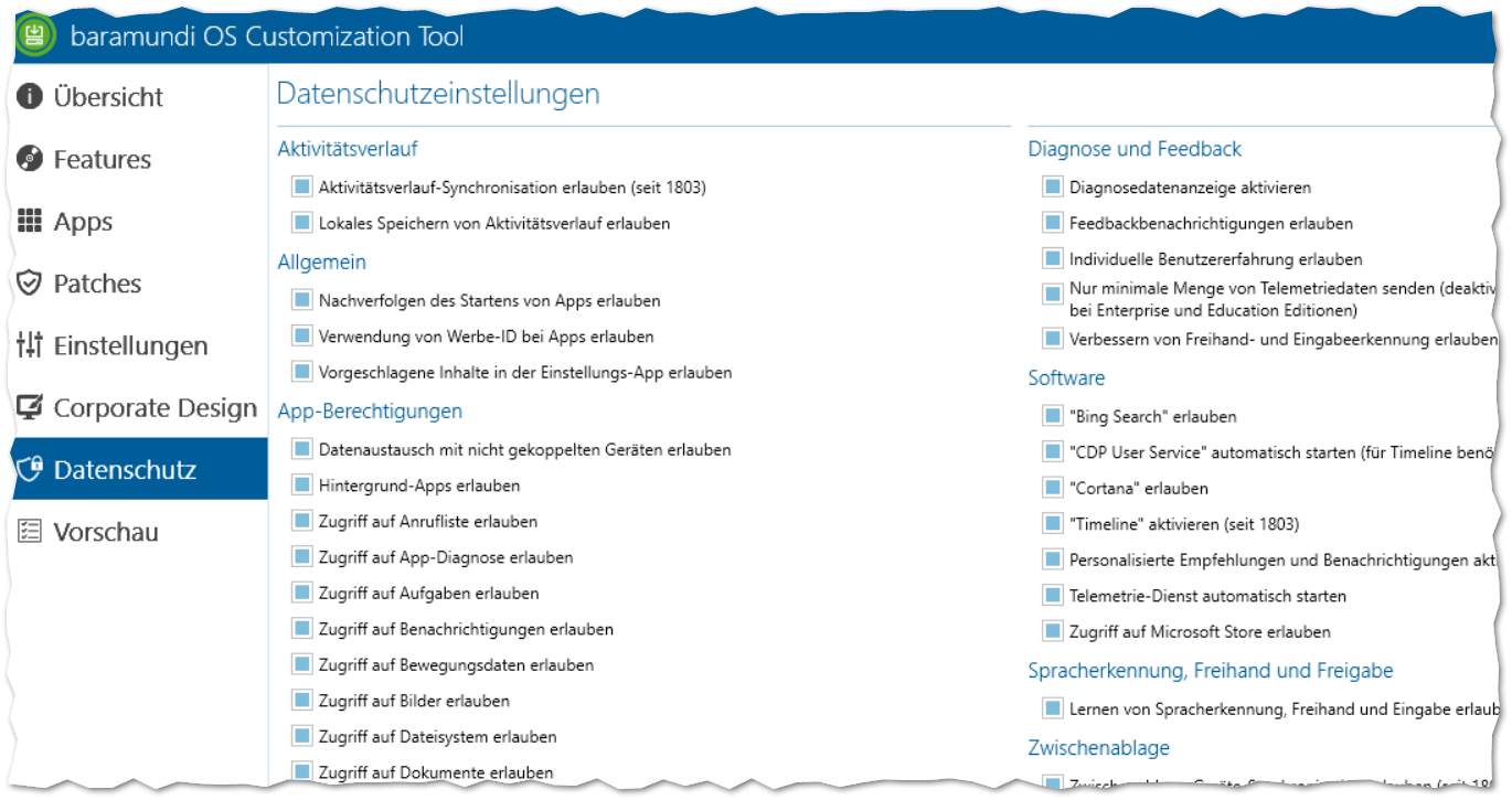 Das baramundi OS Customization Tool zeigt verschiedene Datenschutzeinstellungen, einschließlich Aktivitätsverlauf, App-Berechtigungen, Diagnose- und Feedbackoptionen sowie Softwareeinstellungen