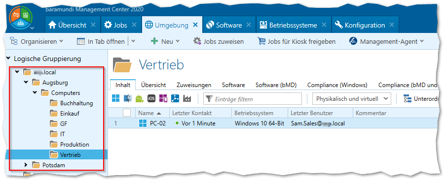 Ein Screenshot zeigt das baramundi Management Center 2020 mit einer Übersicht der logischen Gruppierung von Computern und Abteilungen am Standort Augsburg