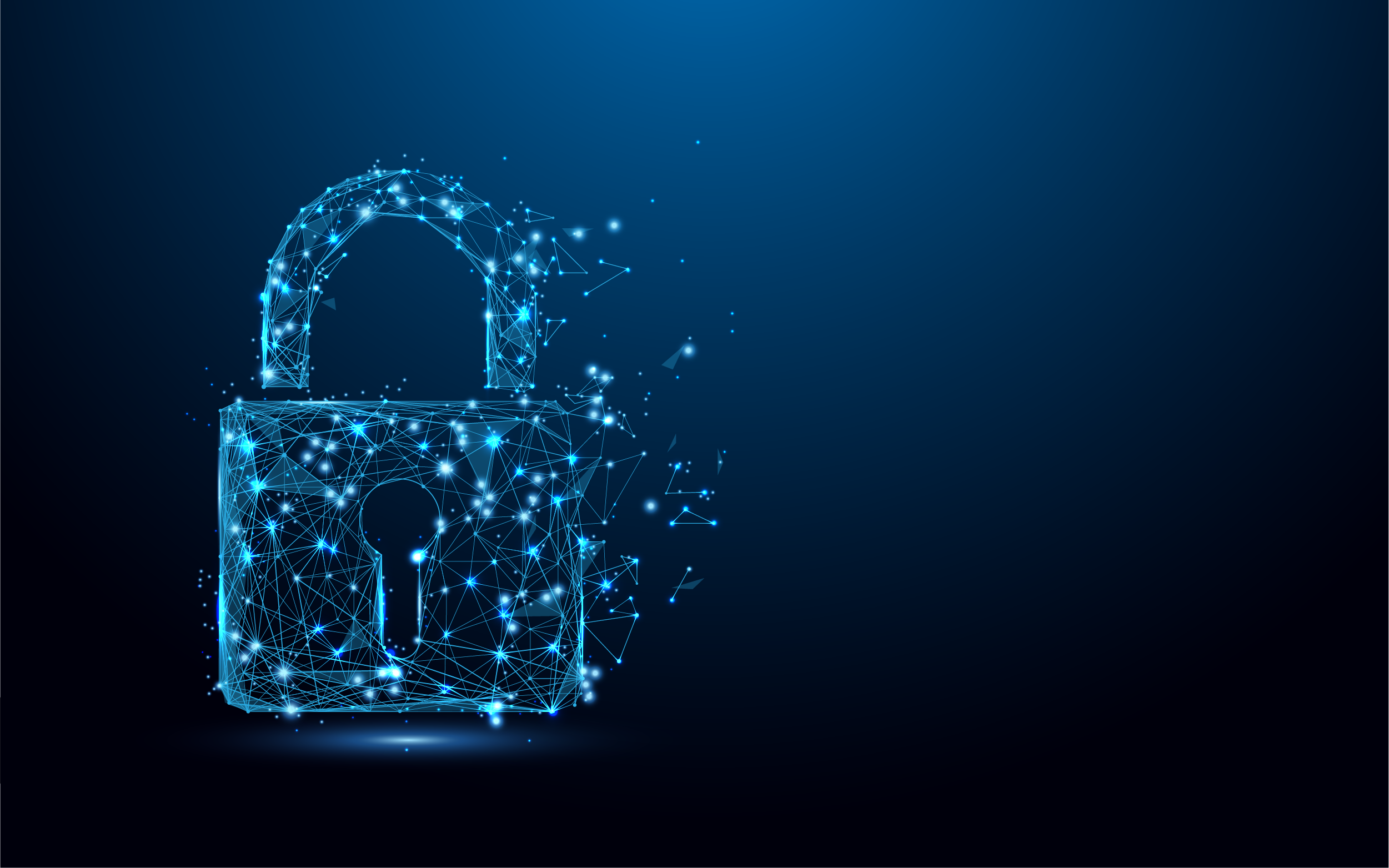 Digitales Vorhängeschloss aus vernetzten Punkten und Linien vor blauem Hintergrund
