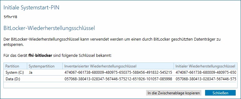 Ein Screenshot zeigt die BitLocker-Wiederherstellungsschlüssel, die für ein bestimmtes Gerät gespeichert sind