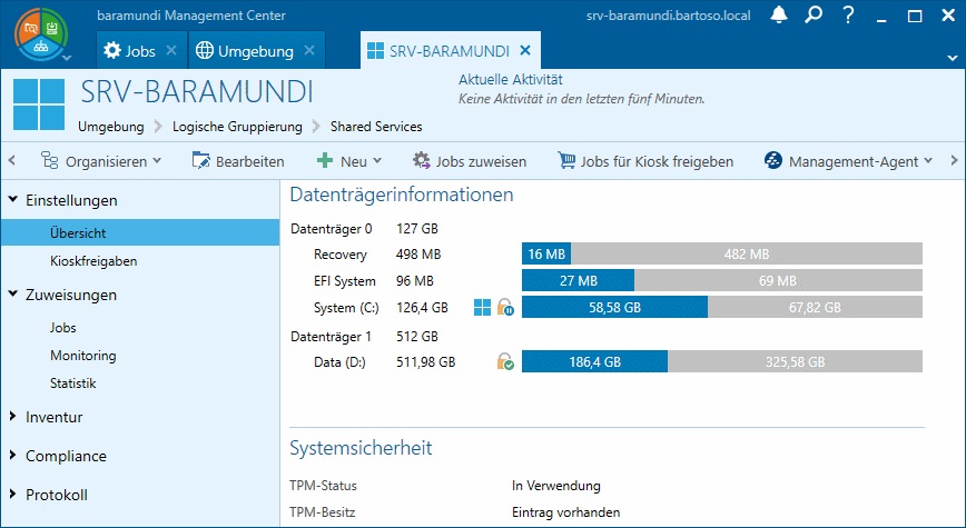 Screenshot des baramundi Management Centers, das Datenträgerinformationen und Systemsicherheitsdetails eines Servers anzeigt