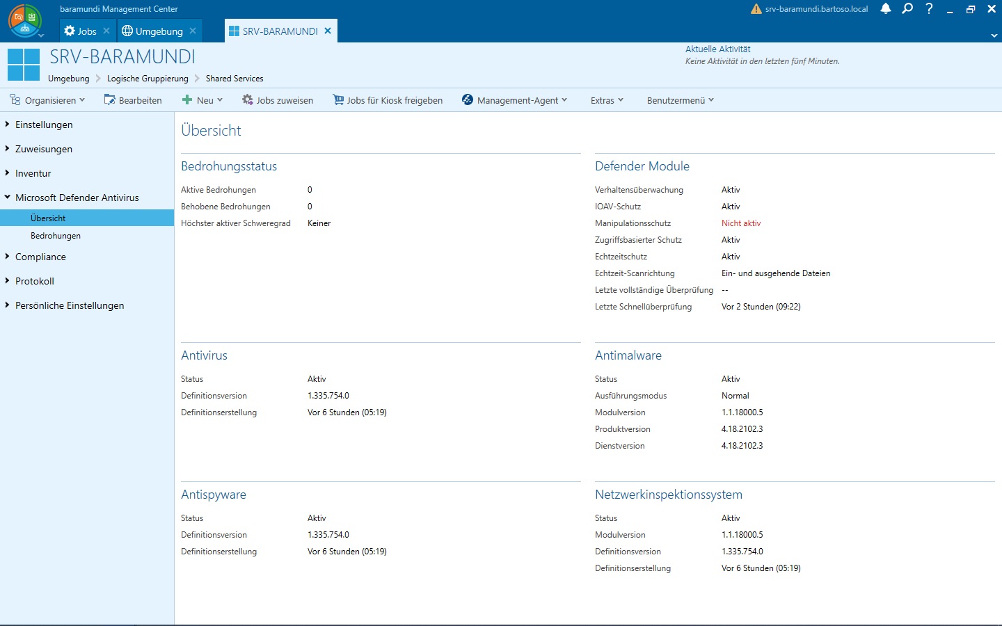 Das baramundi Management Center zeigt den Status der Defender Module, Antivirus, Antimalware und anderer Sicherheitseinstellungen im Überblick