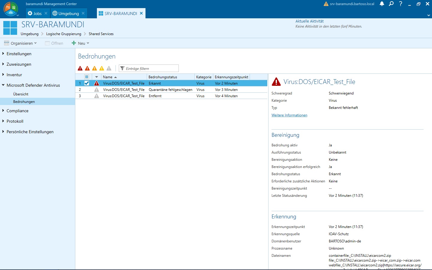 Ein Screenshot des baramundi Management Centers zeigt die Erkennung und Details einer Bedrohung durch einen Virus