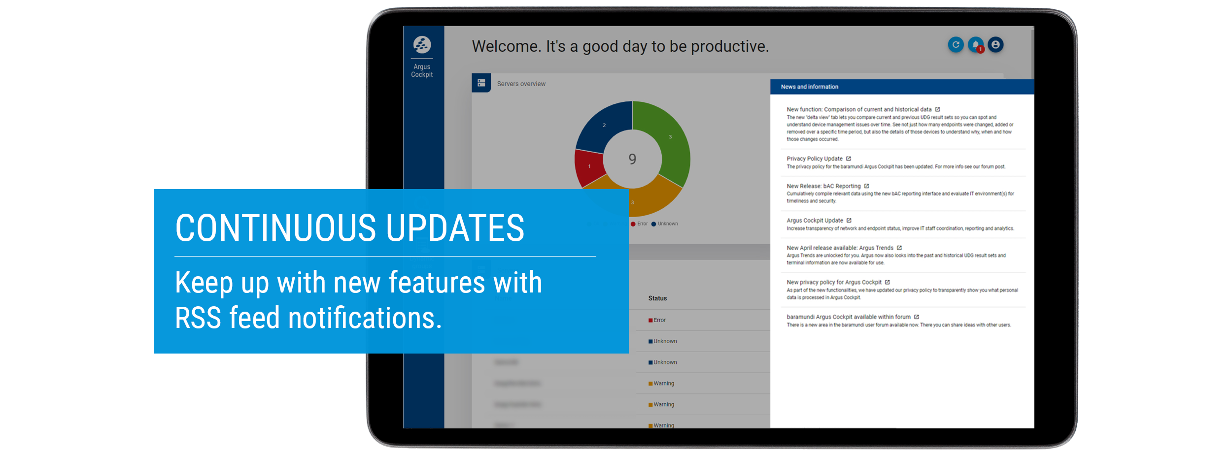 Eine Tablet-Ansicht des baramundi Argus Cockpit zeigt kontinuierliche Updates und informiert über neue Funktionen per RSS-Feed-Benachrichtigungen