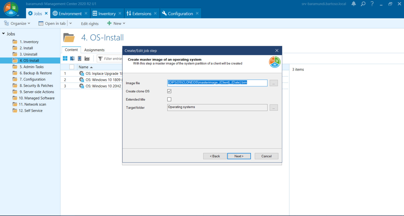 Screenshot der baramundi Management Center-Oberfläche, die den Bereich "OS-Install" zeigt