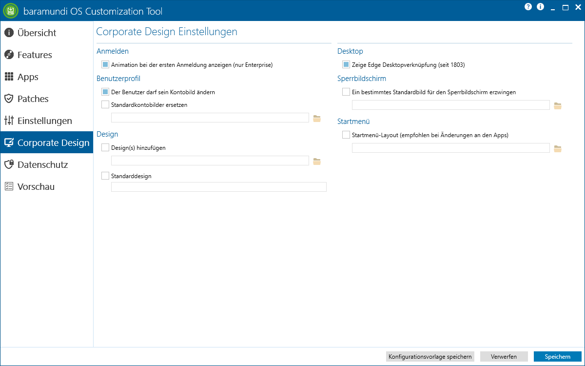 Das baramundi OS Customization Tool zeigt Einstellungen für Benutzerprofile, Desktop, Sperrbildschirm und Startmenü im Bereich "Corporate Design"