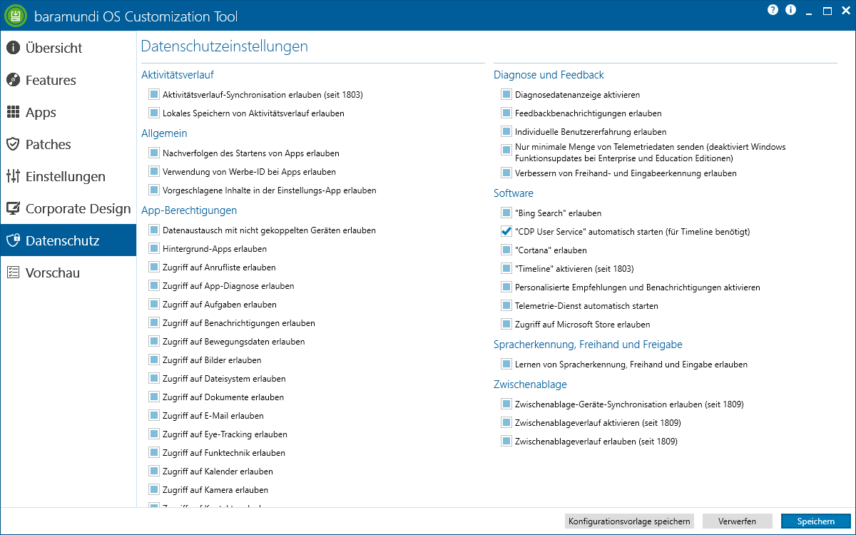 Das baramundi OS Customization Tool zeigt eine Benutzeroberfläche mit umfangreichen Datenschutzoptionen für die Konfiguration und Verwaltung der Privatsphäreinstellungen